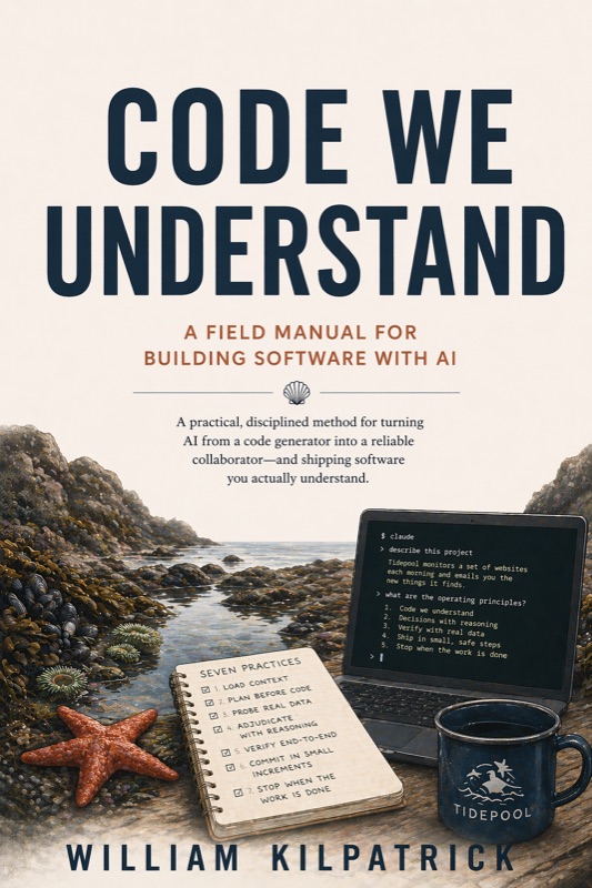 Code We Understand — a book by William Kilpatrick. Cover shows a tidepool scene with a starfish, notebook, and a laptop.